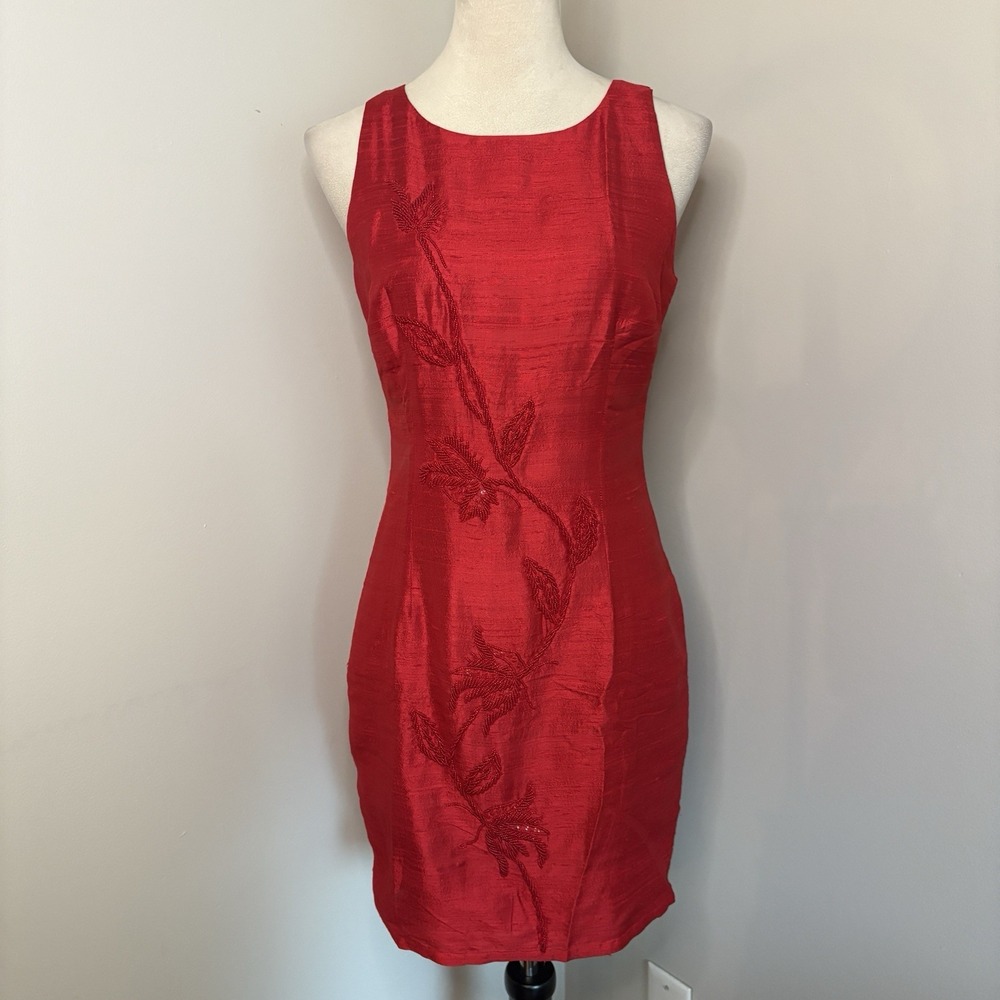 VTG 90s A-List Wrapper Red Raw Silk Sheath Dress Beaded Floral Cocktail 3 4 XS